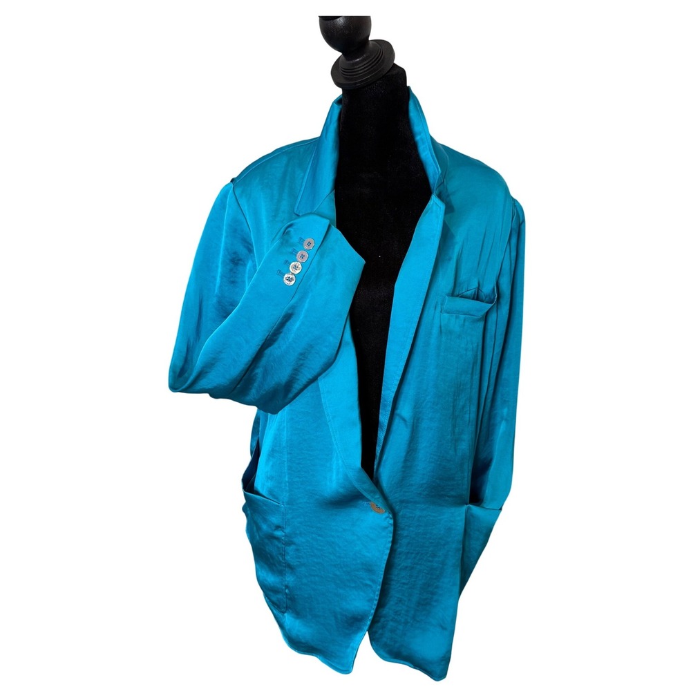 DKNY Blazer Women 16 Teal Satin Single Button Notched Lapel Lightweight Pocket